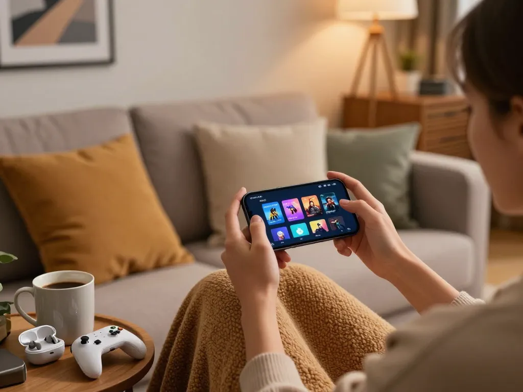 Person enjoying mobile porn games on a smartphone in a cozy living room.