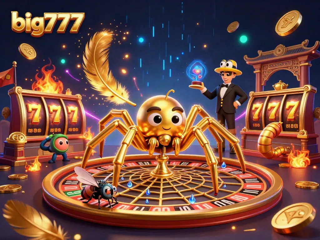 Experience big777 thrills while the golden spider spins the roulette web amidst vibrant casino elements.