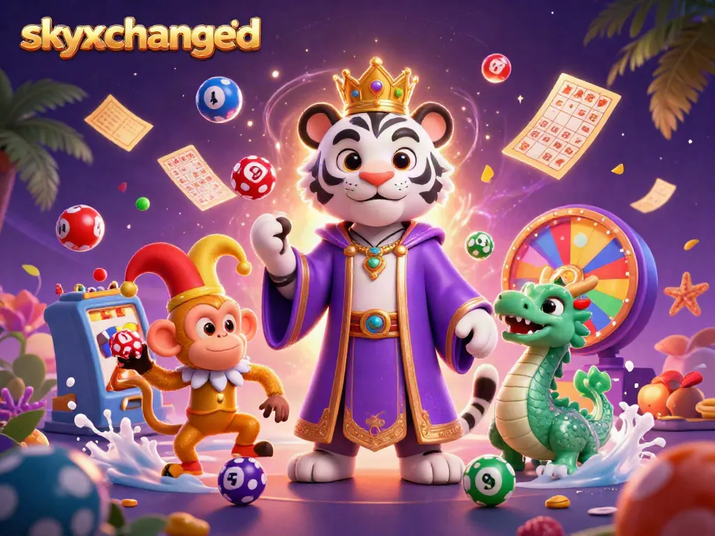 Experience skyxchangeid with an animated scene featuring a tiger, monkey, and dragon among vibrant gambling elements.