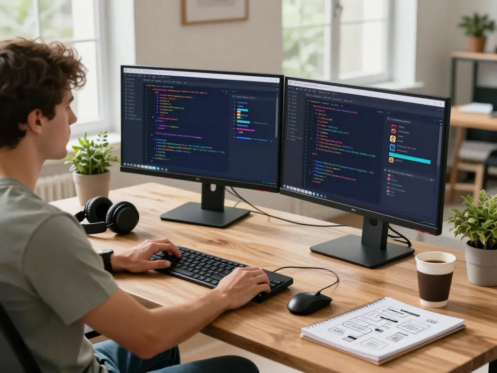 Developer engaged with juicy ai applications in a modern workspace, showcasing coding and interaction design.