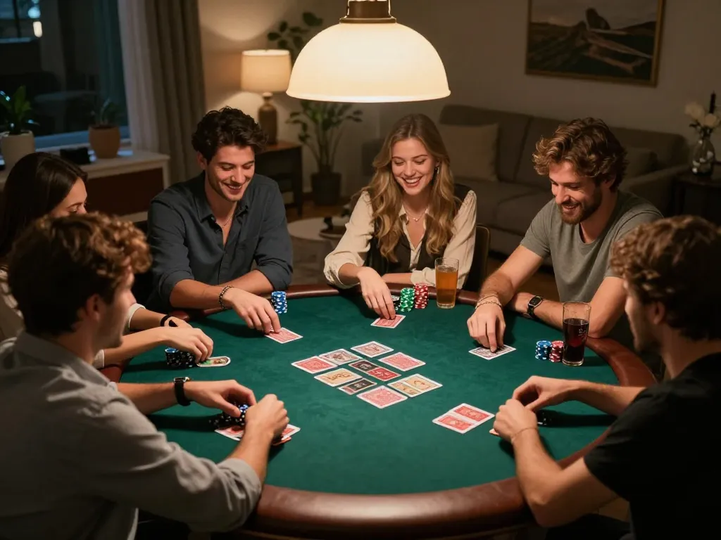 King33 players enjoying dynamic poker gameplay in a cozy home setting, showcasing strategic bets and friendly competition.