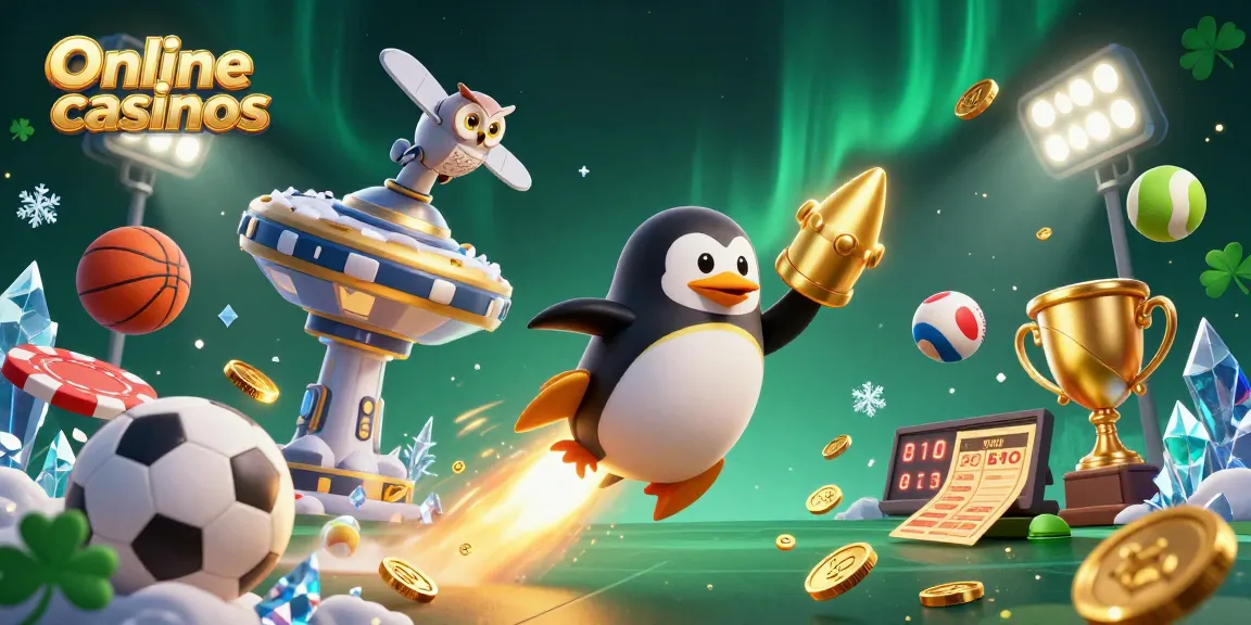 Experience thrilling online casinos imagery with a rocket-powered penguin soaring among sports elements and golden rewards.