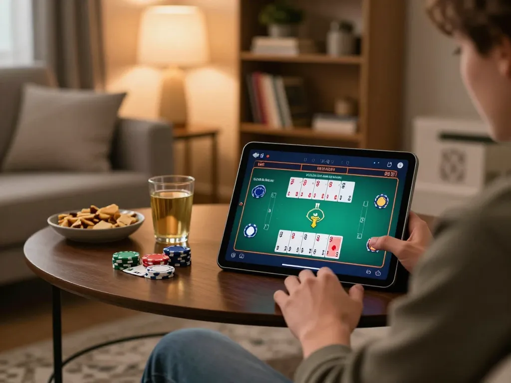 Pemain Bintangmpo merancang strategi dalam permainan poker online dari ruang tamu yang nyaman dengan visual yang menarik.