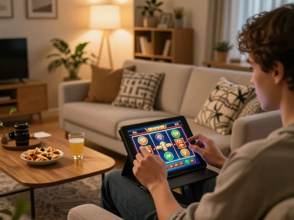 Engaging scene of a player enjoying 32win slot games on a tablet in a cozy living room setup.