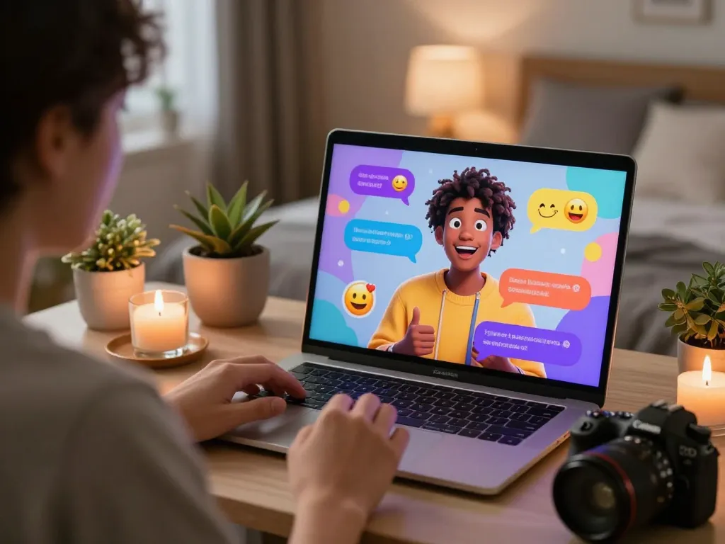Engaging conversation with NSFW AI character on laptop in a cozy bedroom.