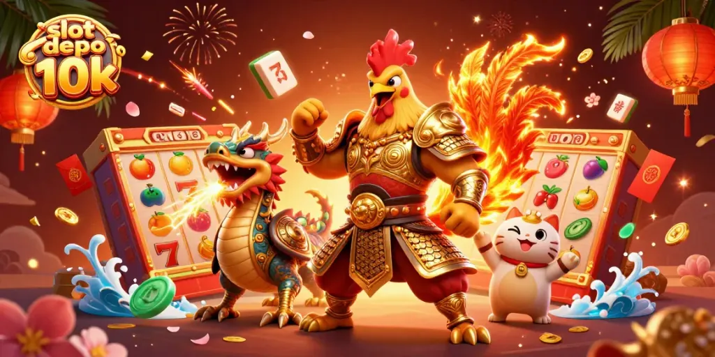Slot depo 10k menampilkan ayam tempur dan naga berapi dalam suasana meriah penuh keberuntungan.