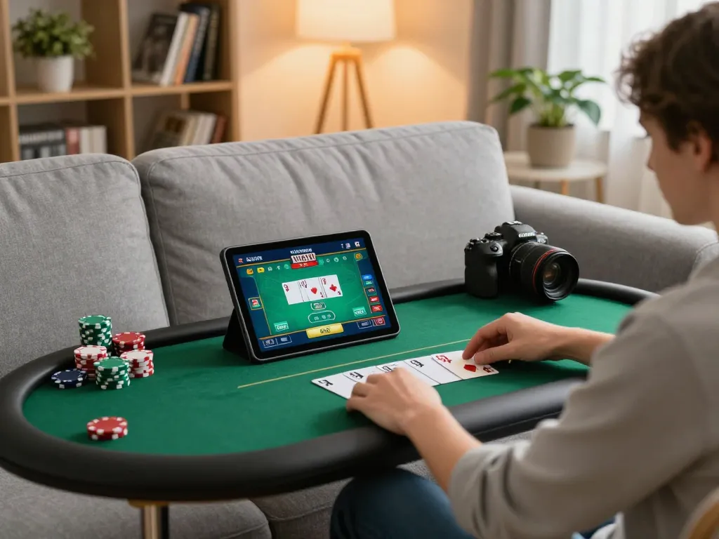 Player engaged in online poker through the 88vv app on a tablet, illustrating a comfortable home gaming setup.