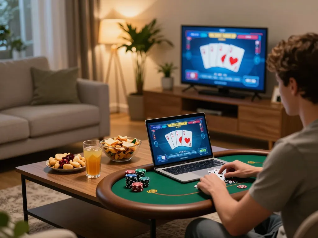 Player enjoying link 98win poker game on a cozy sofa with snacks and a warm atmosphere.