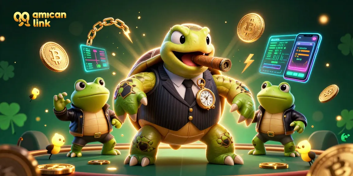 Permainan slot di qqmacan link dengan karakter unik sedang merayakan kemenangan dengan koin kripto.