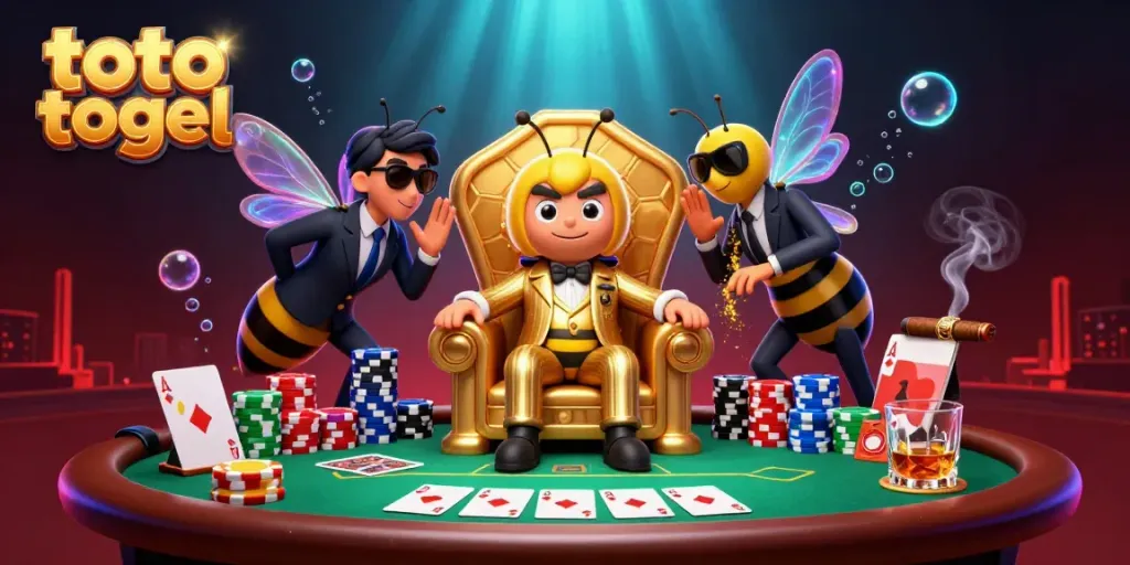 Engage in thrilling toto togel games with a lively cartoon scene featuring a bumblebee mob boss and vibrant poker elements.
