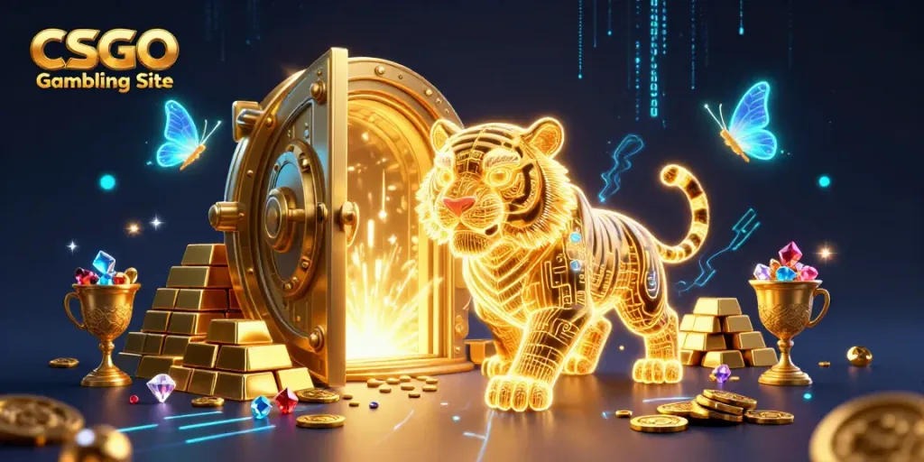 Experience thrilling action at a CSGO Gambling Site with a neon-wireframe tiger prowling a digital casino.