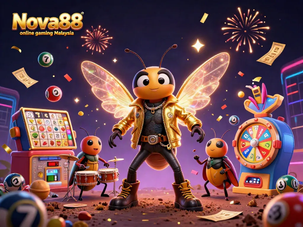 Engage with Nova88 online gaming Malaysia through a vibrant 3D illustration showcasing a rock star cicada, lottery elements, and casino symbols.