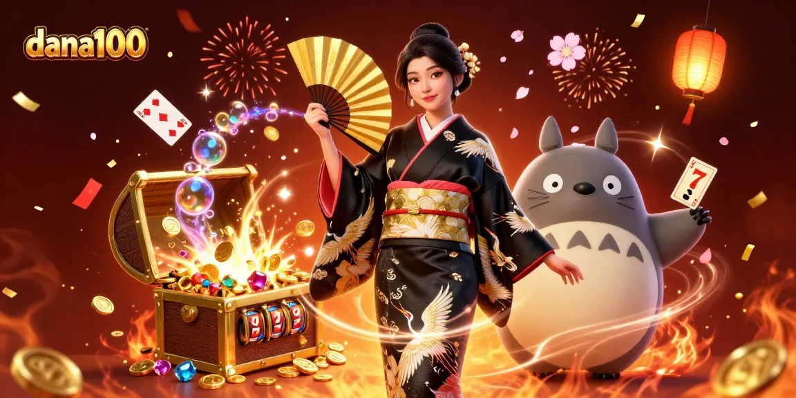 dana100 offers a thrilling slot game experience with a vibrant scene showcasing winning reels, golden coins, and festive decorations.