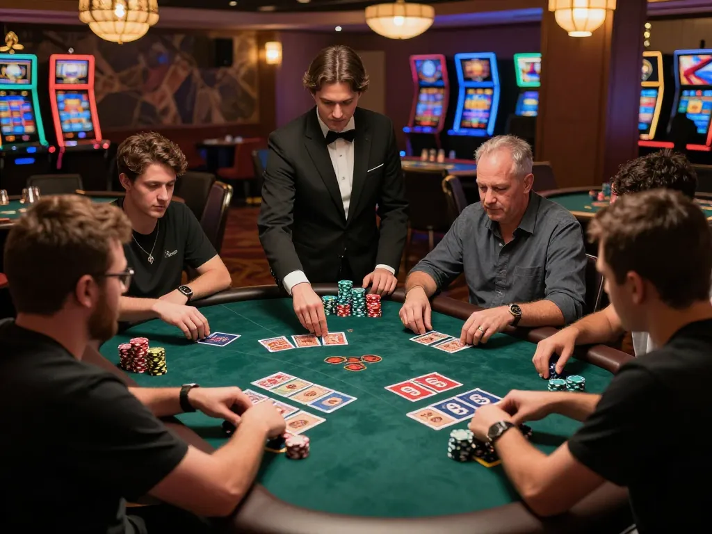 King33 players engaged at live blackjack table with professional dealer in vibrant casino.