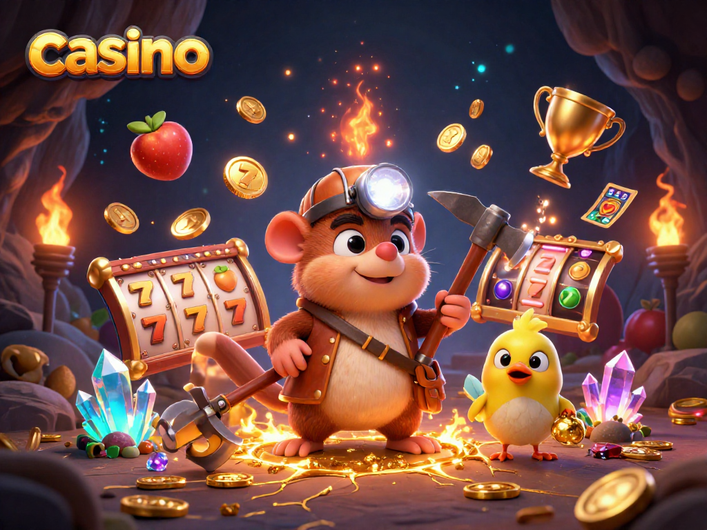 Enjoy thrilling casino adventures with the mole character and festive slot machine details, revealing the excitement of gameplay.
