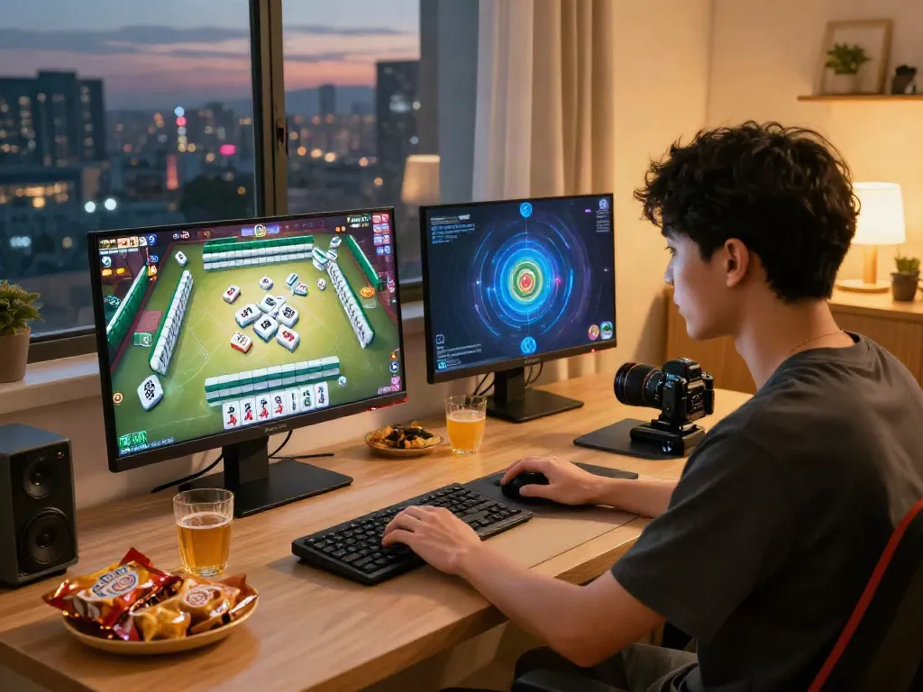 Pengguna aktif bermain mesinmpo Mahjong Ways 2 di komputer desktop dengan suasana nyaman dan dekorasi bertema Mahjong.