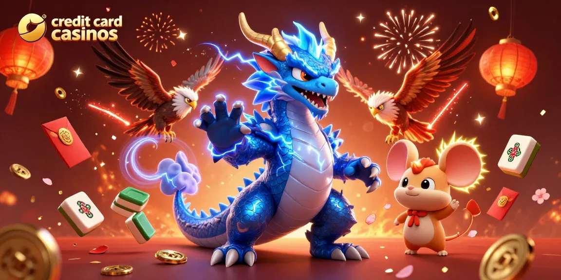 Engaging illustration of credit card casinos featuring a cartoon dragon, a glowing hawk, and festive casino elements.
