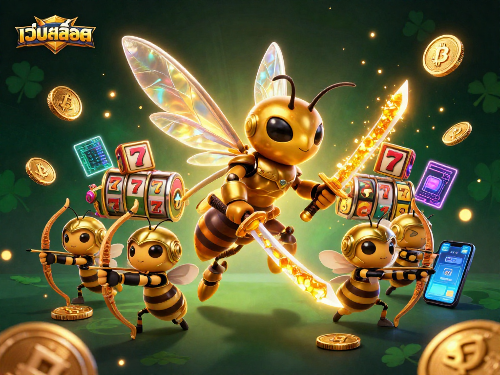 Spin the reels at เว็บสล็อต with a giant golden hornet samurai and bee archers in action!