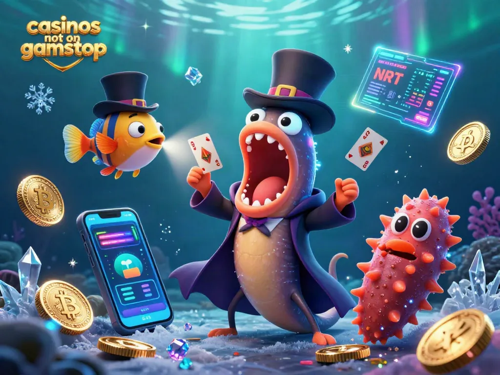 Casinos not on gamstop showcase unique features like vibrant characters and cryptocurrencies in a magical underwater scene.