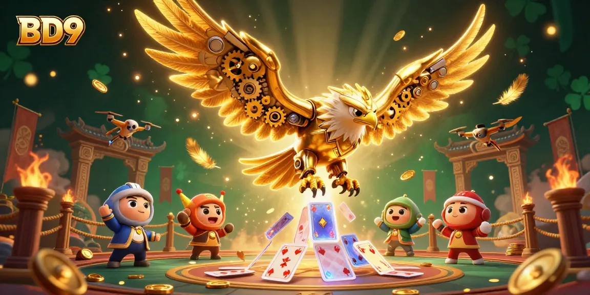 Experience excitement with BD9 as the golden eagle navigates through a cascade of holographic cards.