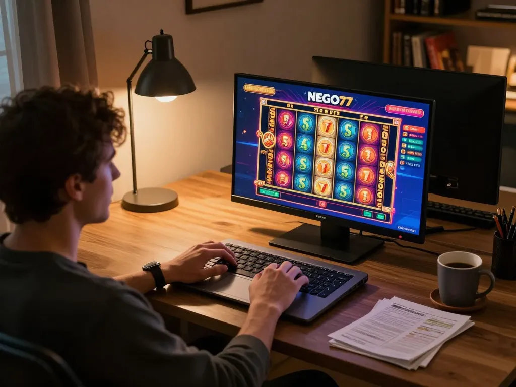 Player engaging with NEGO77 slot games on a laptop, showcasing strategic gameplay and home comfort.
