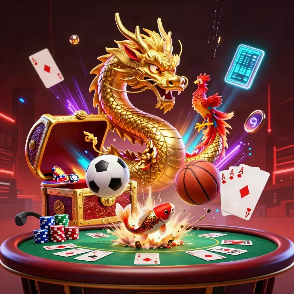 Golden dragon, phoenix, koi and casino chips burst around frozen soccer and basketball in neon light.