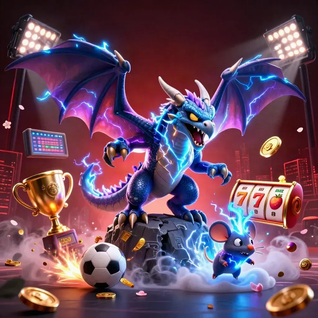 Thunder dragon, wind hawk and static mouse amid neon casino treasure and sports glow.