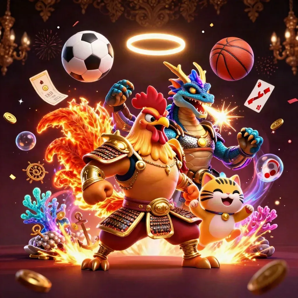 Rooster warrior, dragon hatchling and lucky cat amid balls, treasure cove sparks and neon gold light