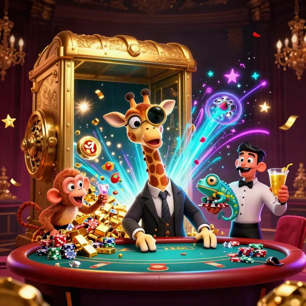 Giraffe, monkey and chameleon amid vault gold, slot symbols and neon casino magic.