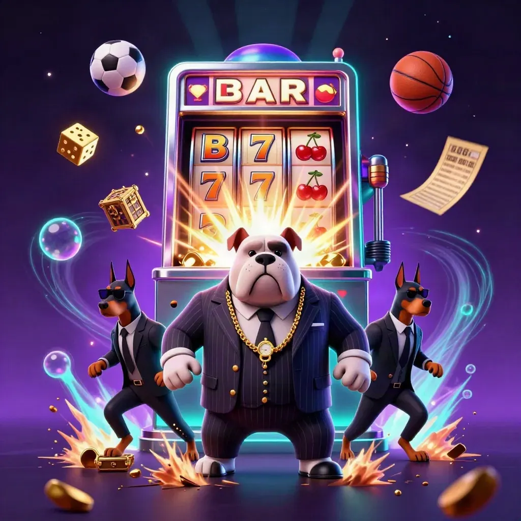 Bulldog mob boss and two Dobermans amid exploding slot symbols, gold, and sports balls in neon purple-cyan.