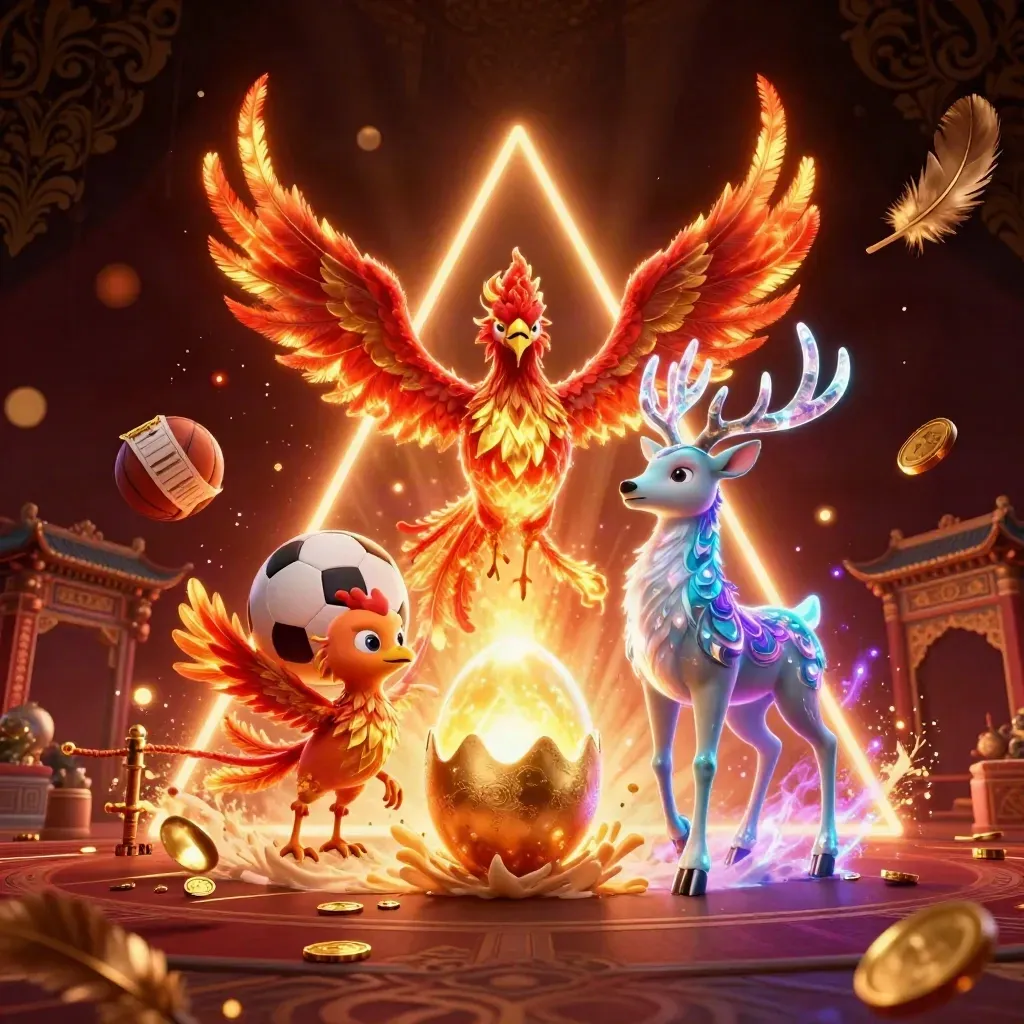 Fantasy casino key art with phoenix, baby phoenix, stag, balls, coins, and neon light