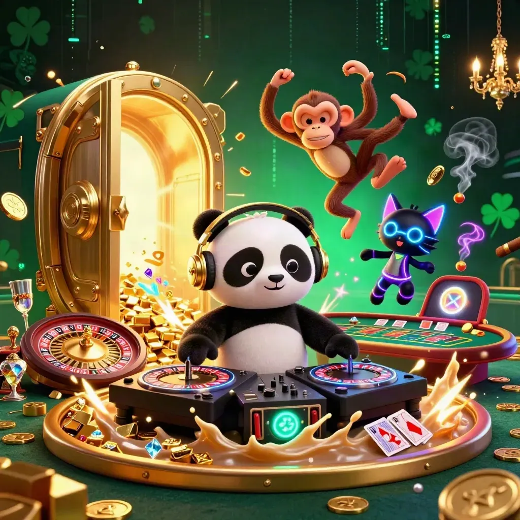 DJ panda, breakdancing monkey, and glow-kitten amid vault gold, neon casino glamour, and emerald shimmer.