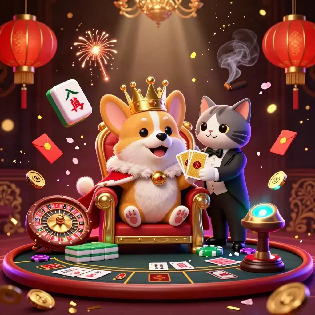 Corgi king and cat butler in a neon casino scene with lanterns, coins, and a spinning roulette wheel.