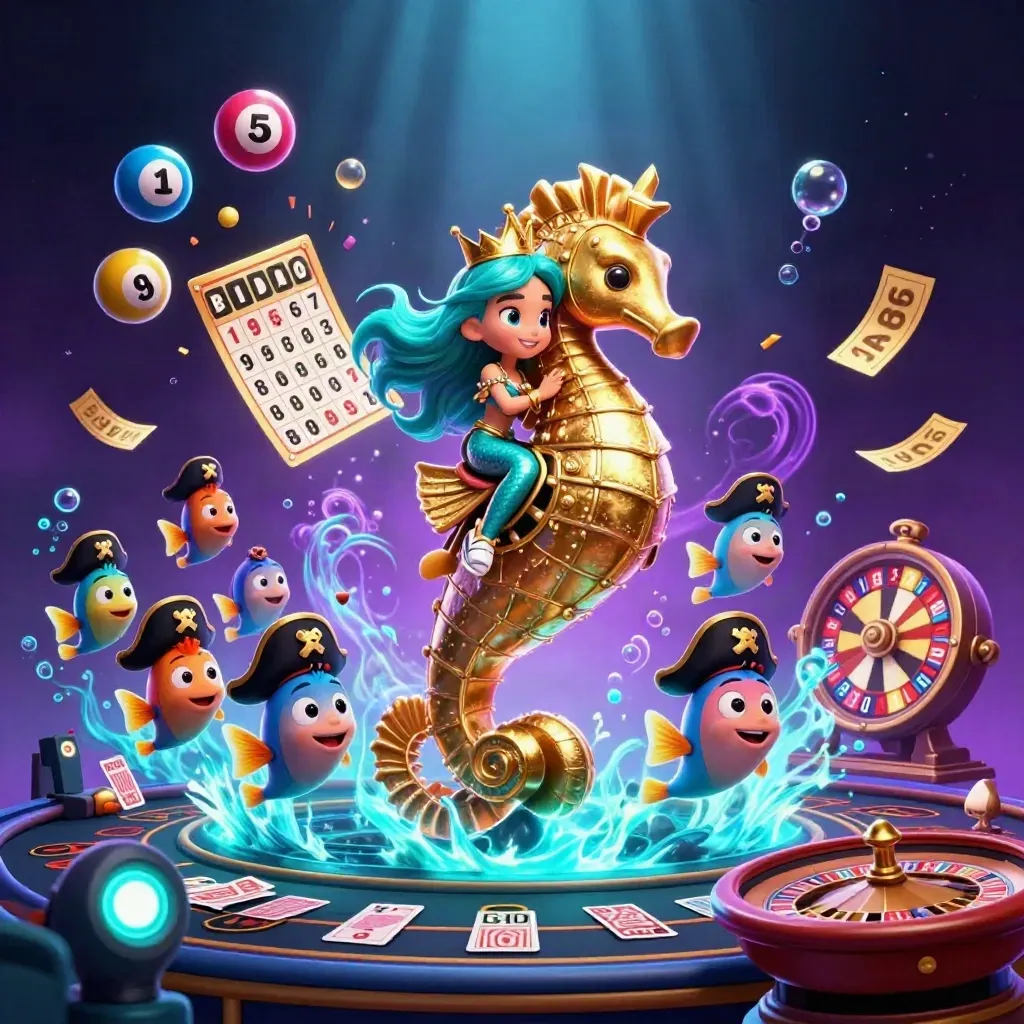 Mermaid princess on armored seahorse with pirate fish, lottery balls, wheel, and neon underwater glow