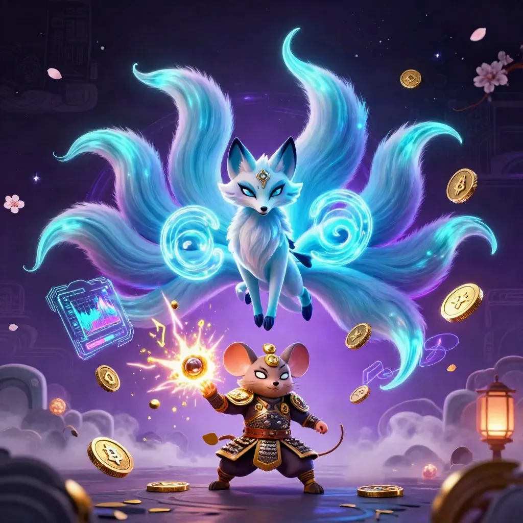Nine-tailed fox spirit with golden mouse amid neon coins, lightning, petals and starfield.