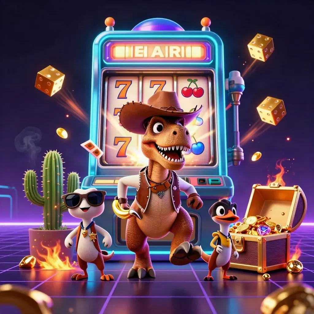 Cowboy T-Rex, cactus, and roadrunner blast from a slot machine with gold, cyan, and violet neon.