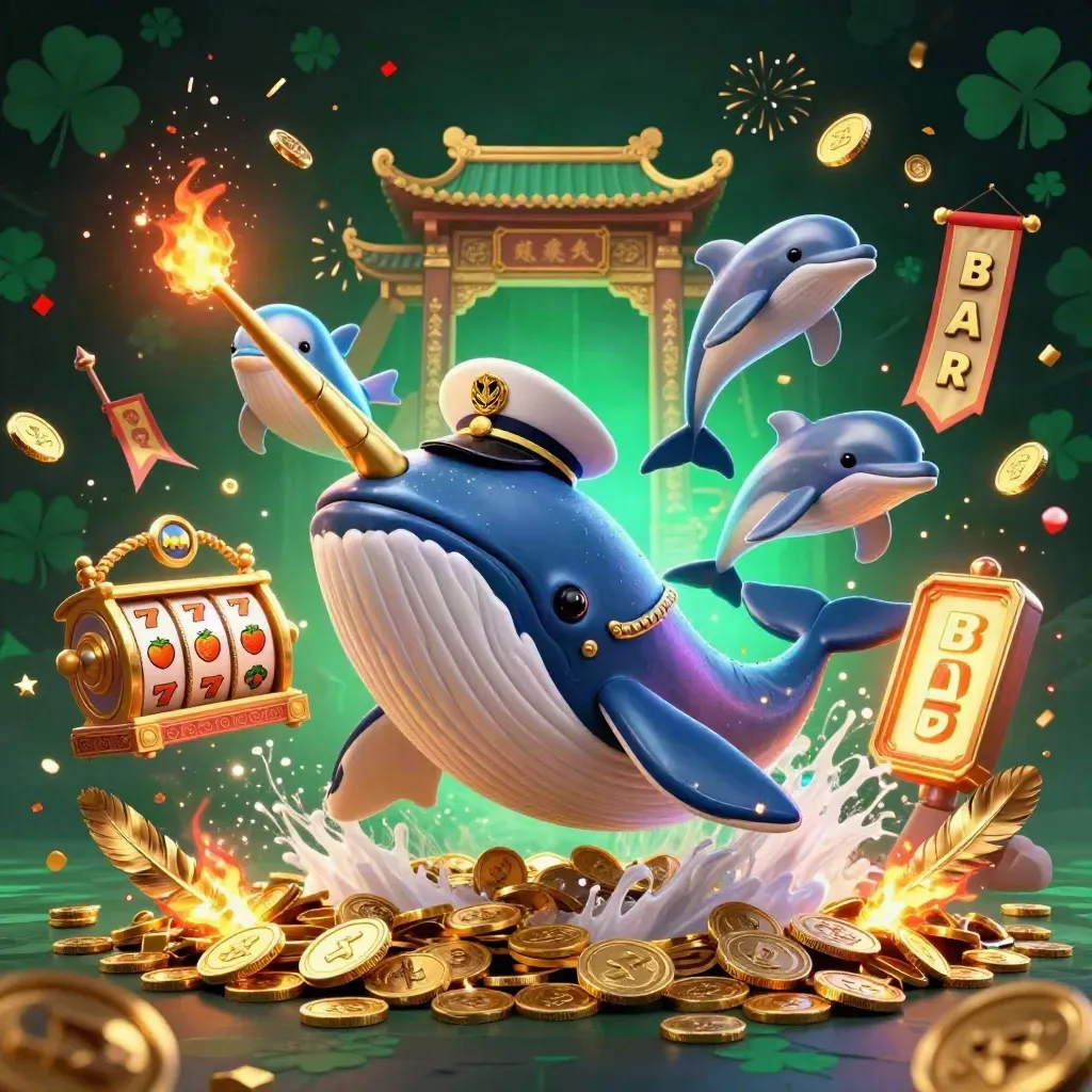 Whale captain, narwhal, and dolphins burst through coins in a neon casino fantasy.