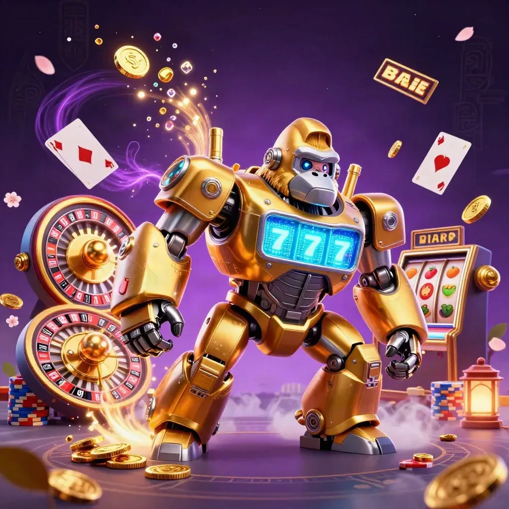 Golden gorilla mech with tiny monkey pilot amid coins, gems, roulette wheel, cards, and neon casino energy
