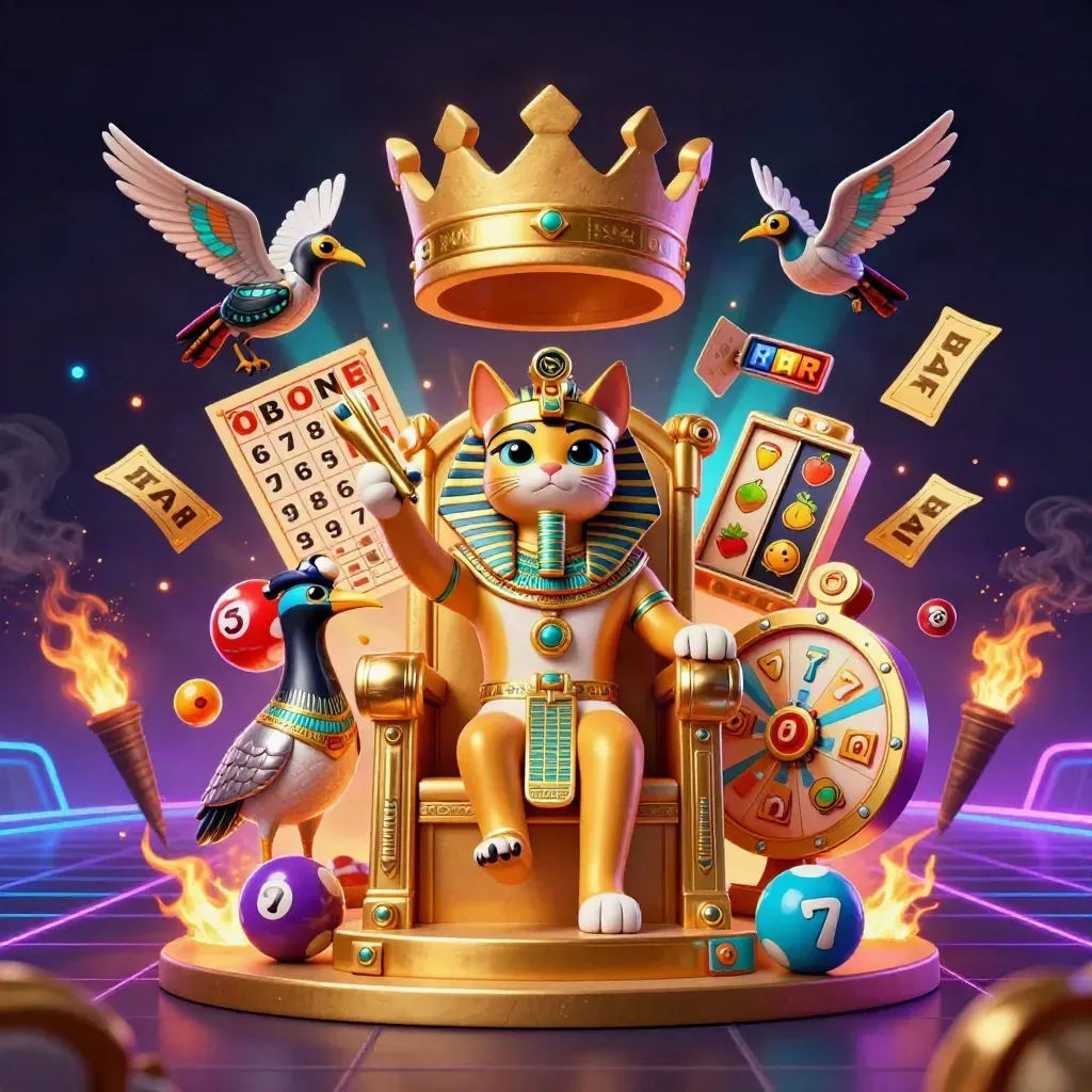 Pharaoh cat, ibis scribe and gem-winged scarabs burst with casino treasures in neon light.