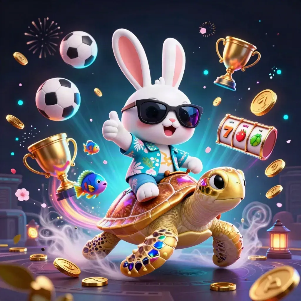 Lucky rabbit rides a golden turtle amid coins, fireworks, sports balls, and neon casino effects.