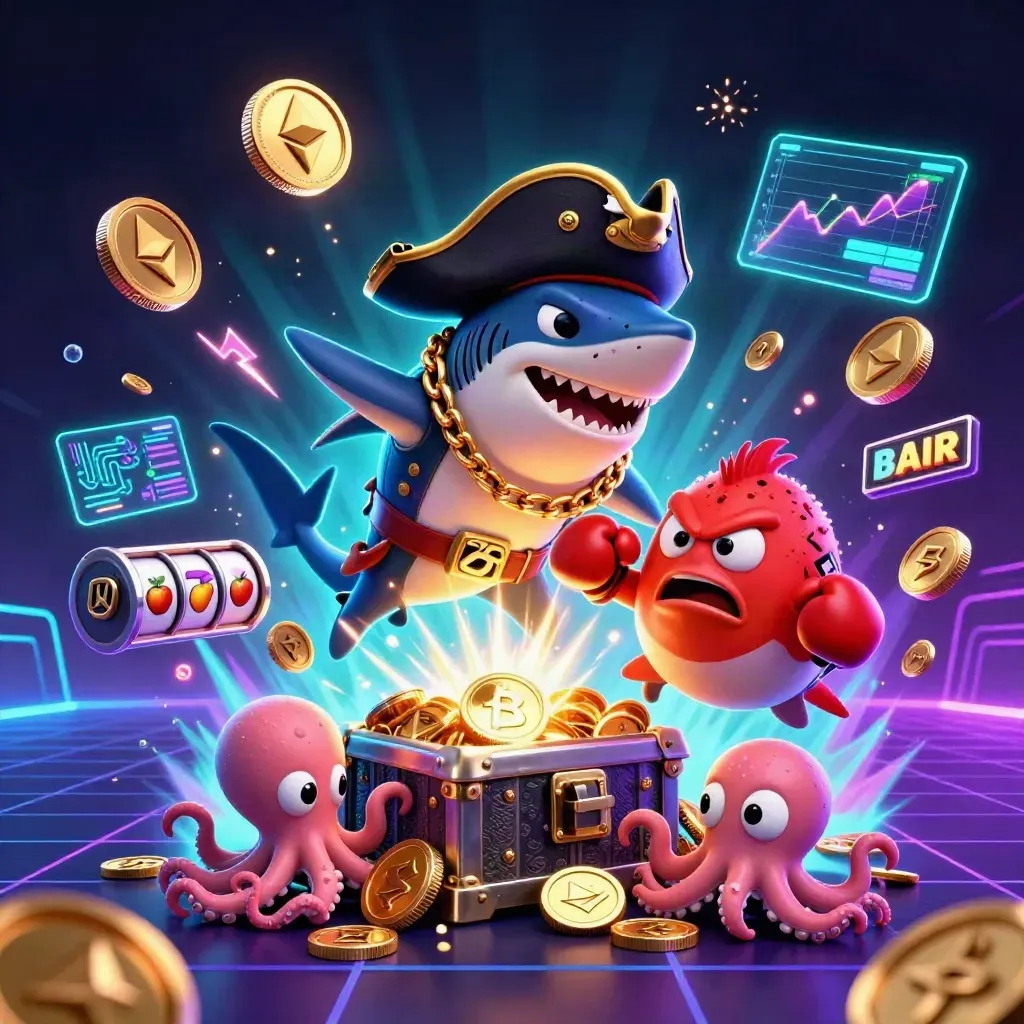 Shark pirate, boxing pufferfish, and juggling octopus amid neon coins and fireworks.
