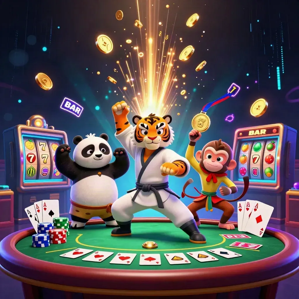 Tiger, panda, and monkey amid casino treasures, chips, reels, and neon fireworks.