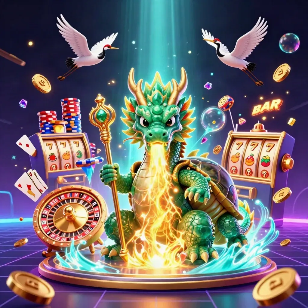 Jade dragon, turtle sage, and cranes amid gold coins, roulette, chips, reels, and neon casino glow