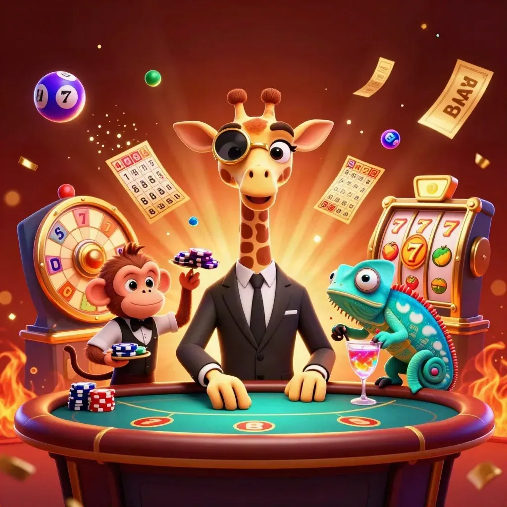 Giraffe, monkey, and chameleon in a neon casino scene with reels, balls, and sparkling effects.
