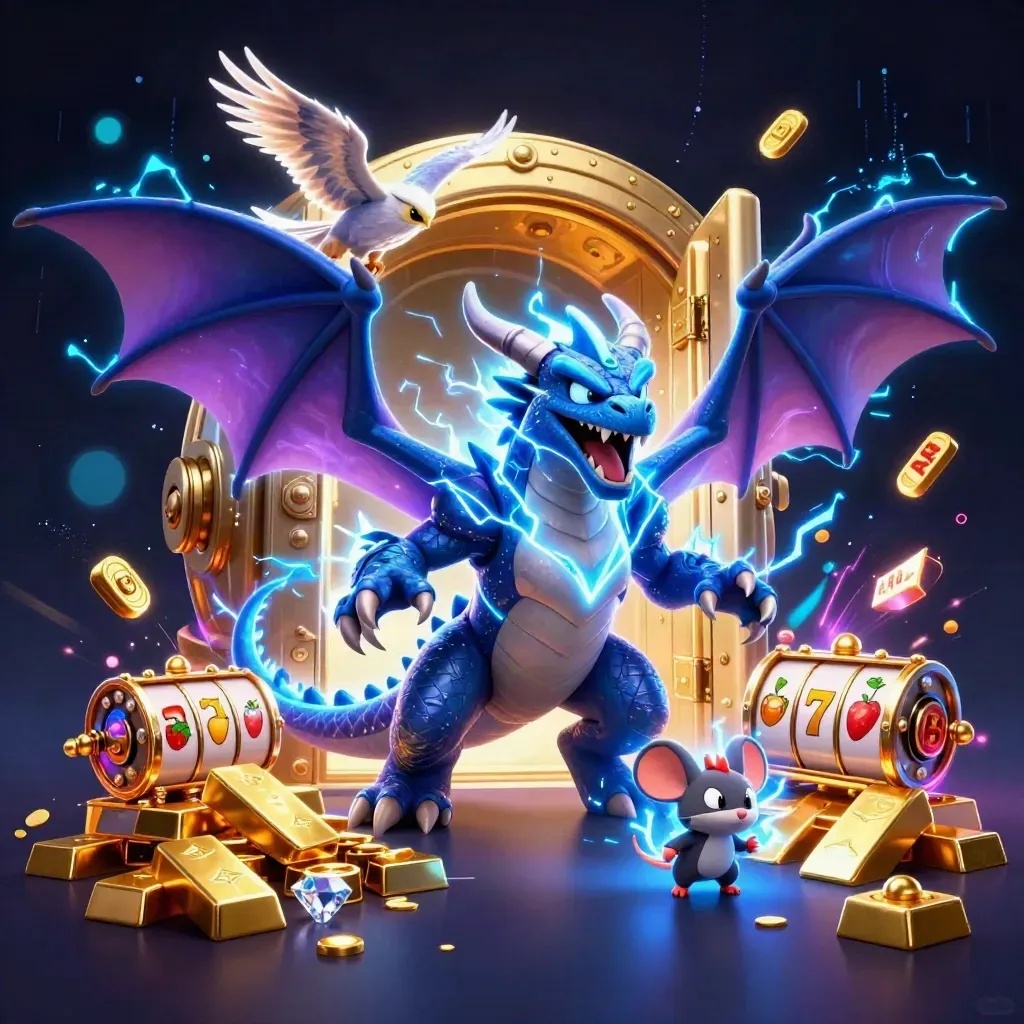 Thunder dragon, hawk, and mouse bursting from a golden vault with casino loot and neon lightning.