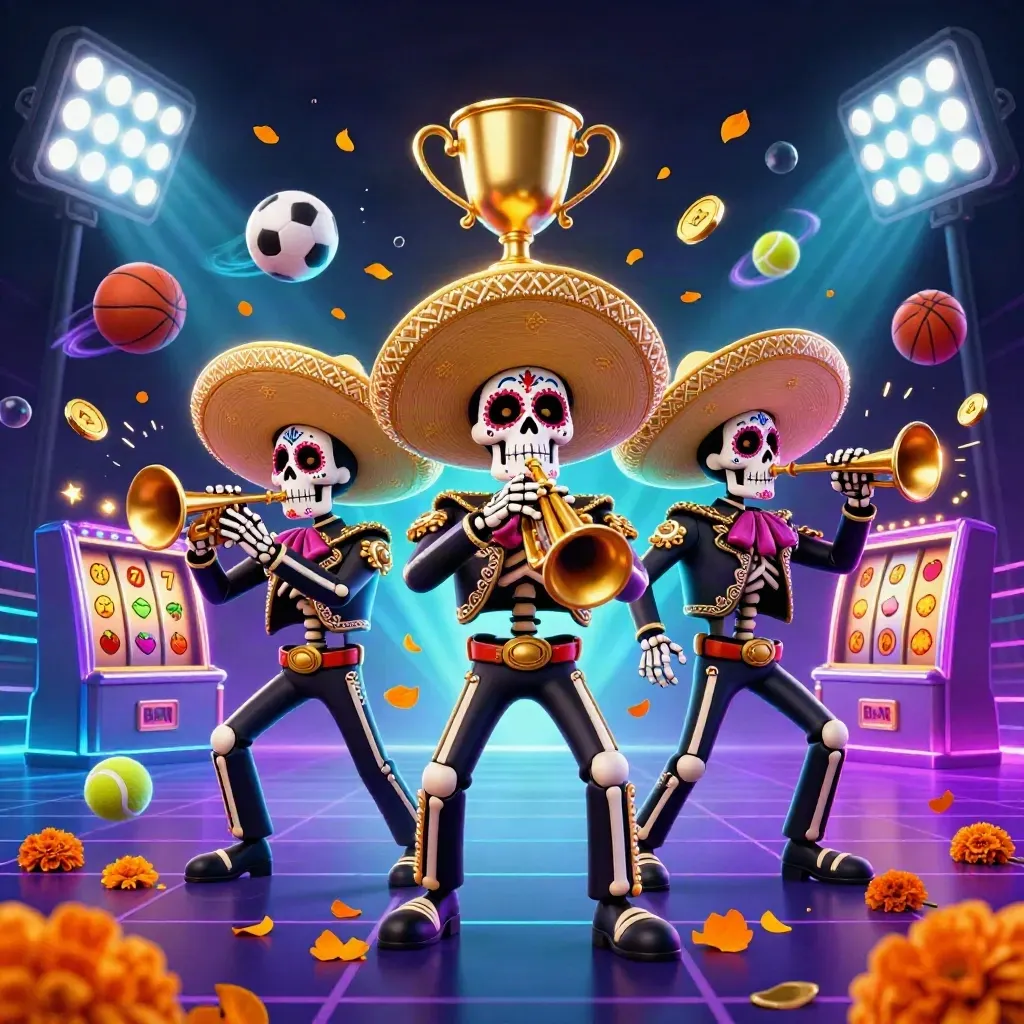 Skeleton mariachi trio amid casino sports symbols, neon cyan-violet glow, coins, trophy, and slot reels.