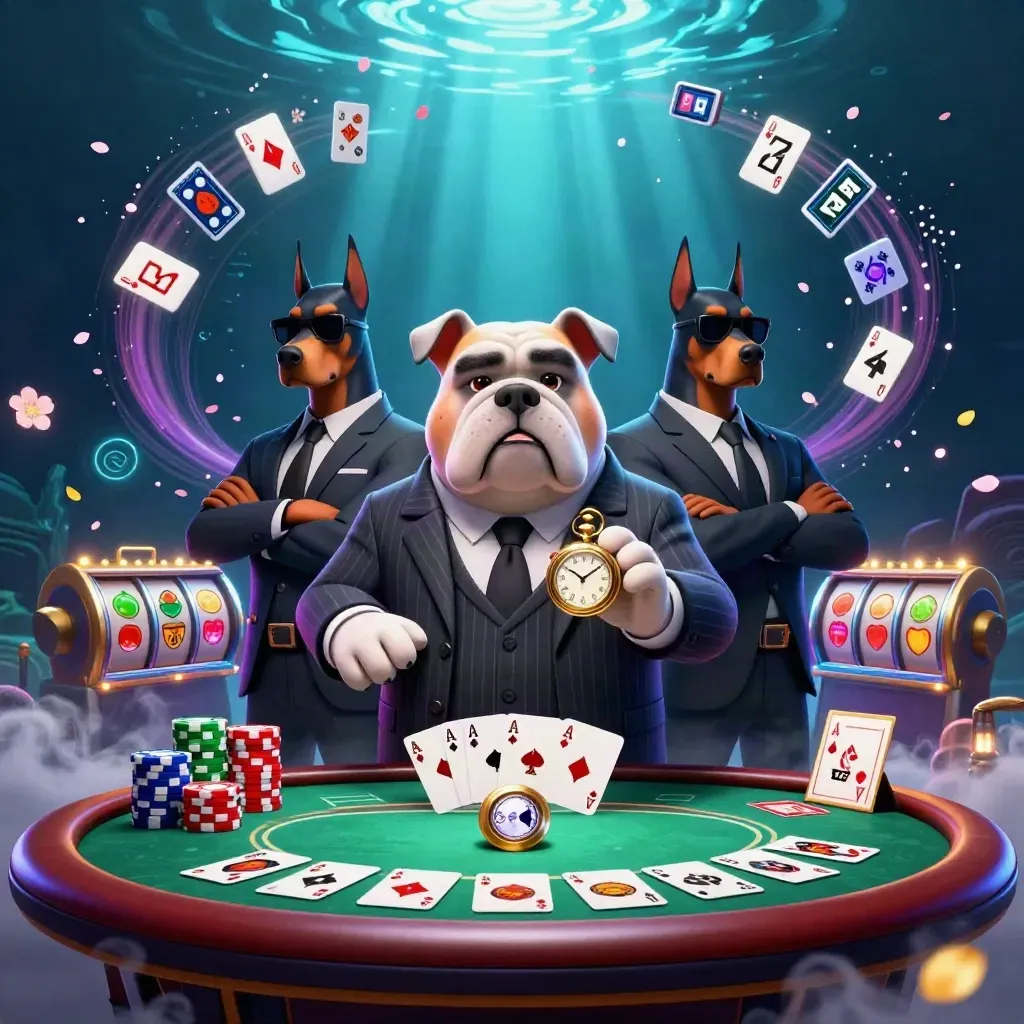 Bulldog boss with two Doberman bodyguards at a poker table, slots and neon casino effects