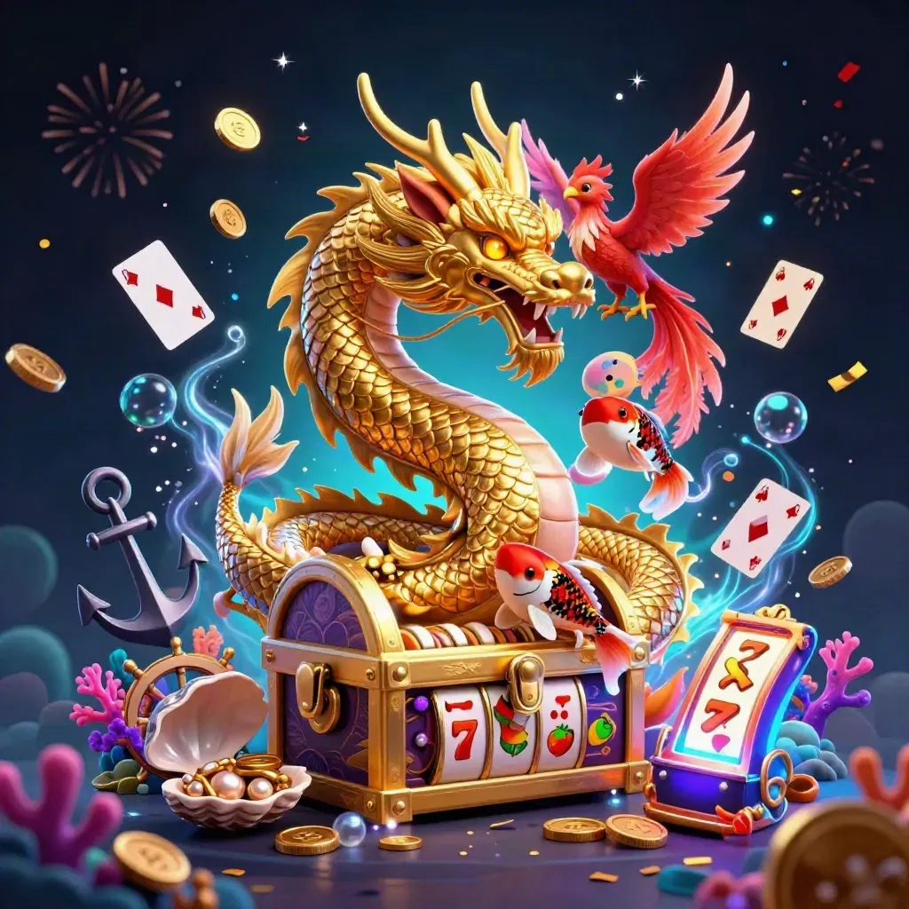 Golden dragon, phoenix, and koi amid casino treasure, slot symbols, and neon underwater effects.