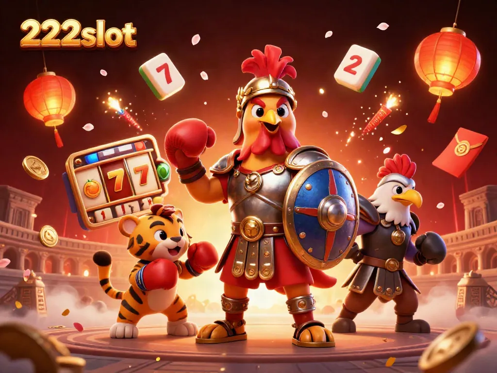 Ilustrasi ceria tentang 222slot dengan karakter ayam jantan dan simbol permainan kasino, memikat perhatian.
