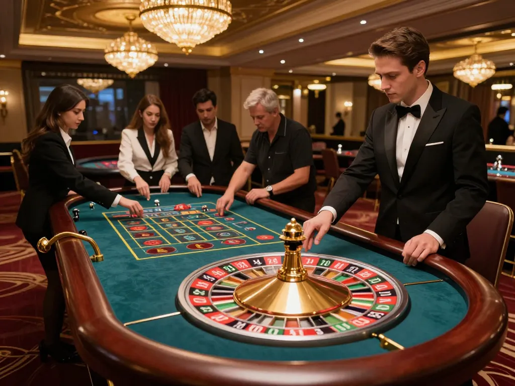 Experience the excitement of ดูหนังออนไลน์ as players engage at a roulette table in a luxurious casino.